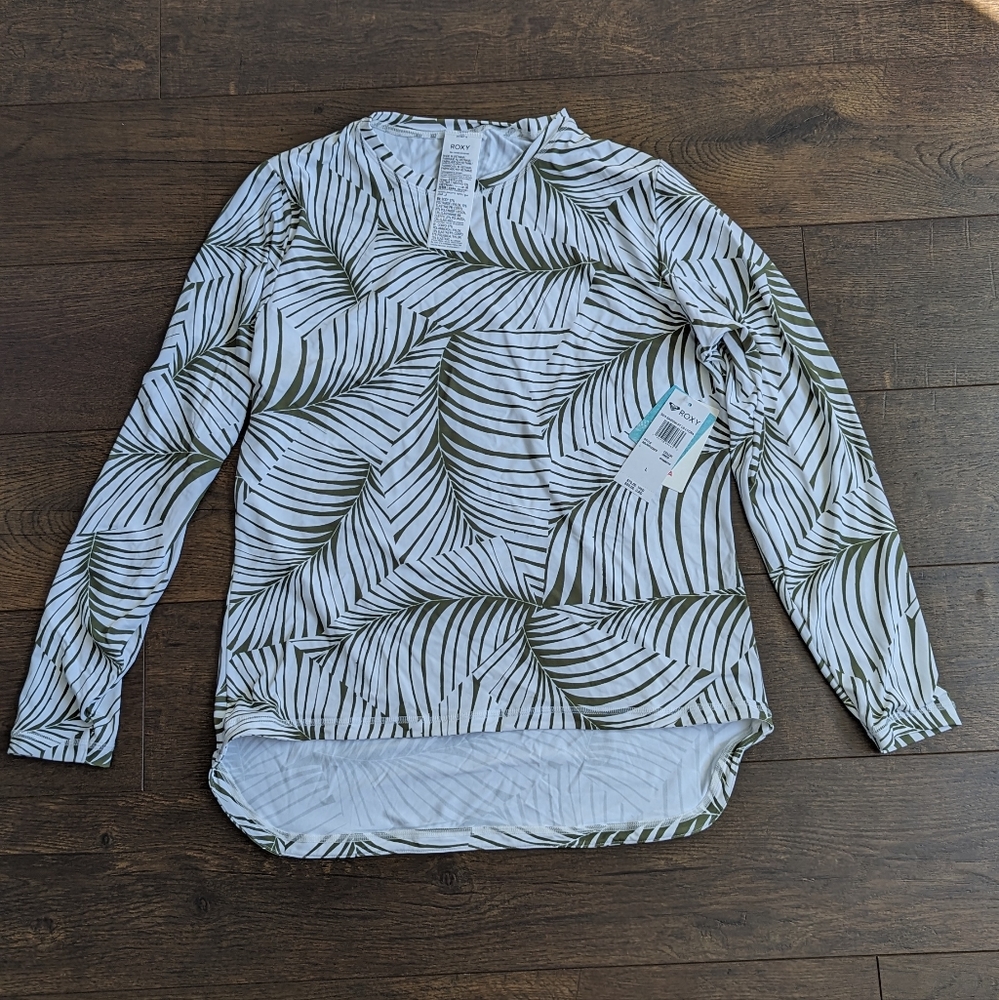 Roxy White and Olive Green Leaf-Print Long Sleeve Swim Top